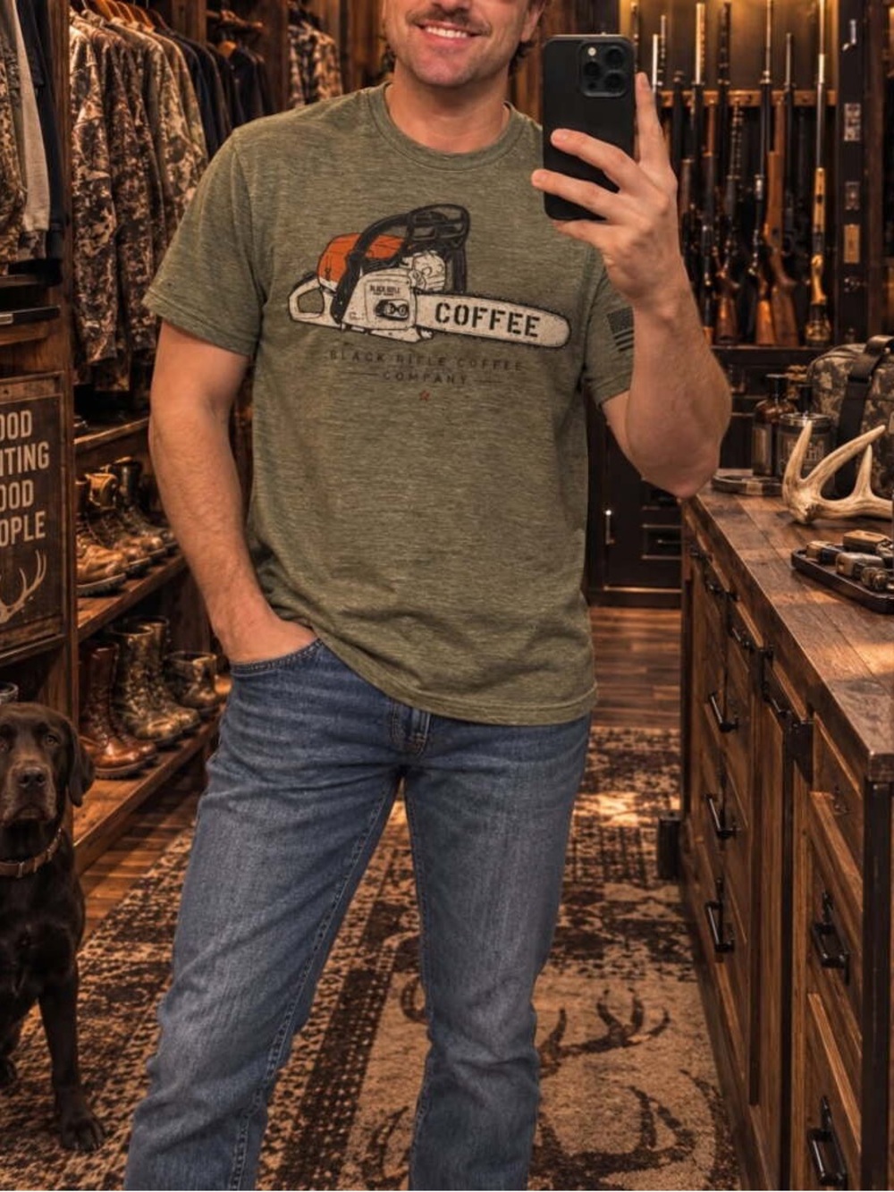 Black Rifle Coffee Company Men's Large Olive Green Chainsaw Graphic T-Shirt